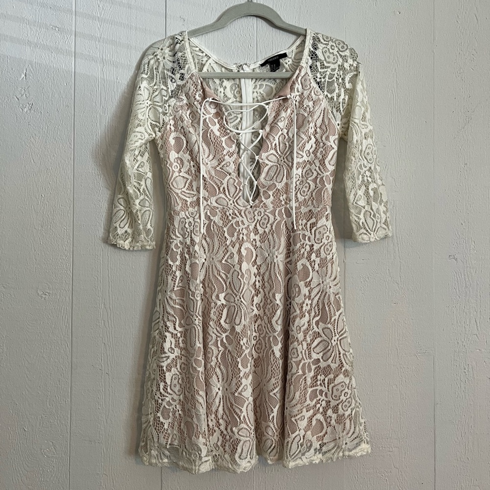 White lacy tie up dress with nude slip